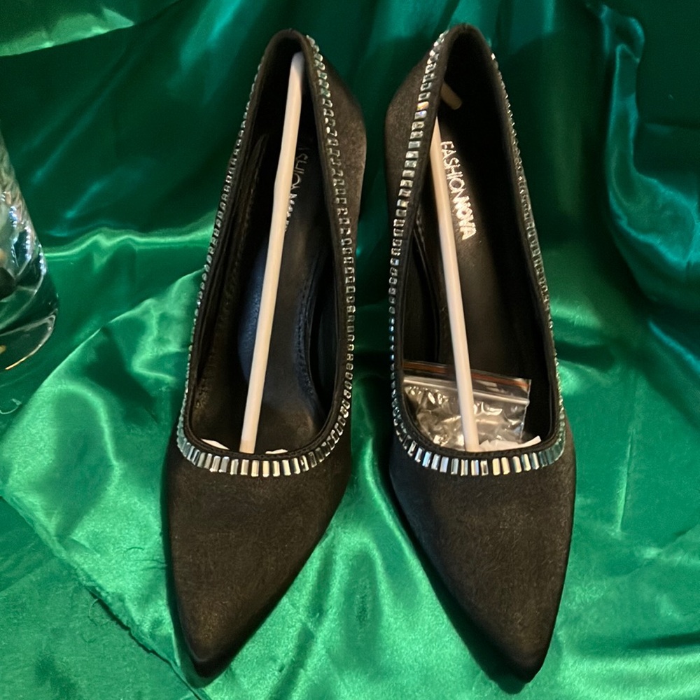 Fashion Nova Black Stiletto Heels with Silver Embellishment